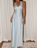 Sexy V-neck Sheath Halter Satin Backless Long Prom Dress Pretty Evening Dress HZ1108