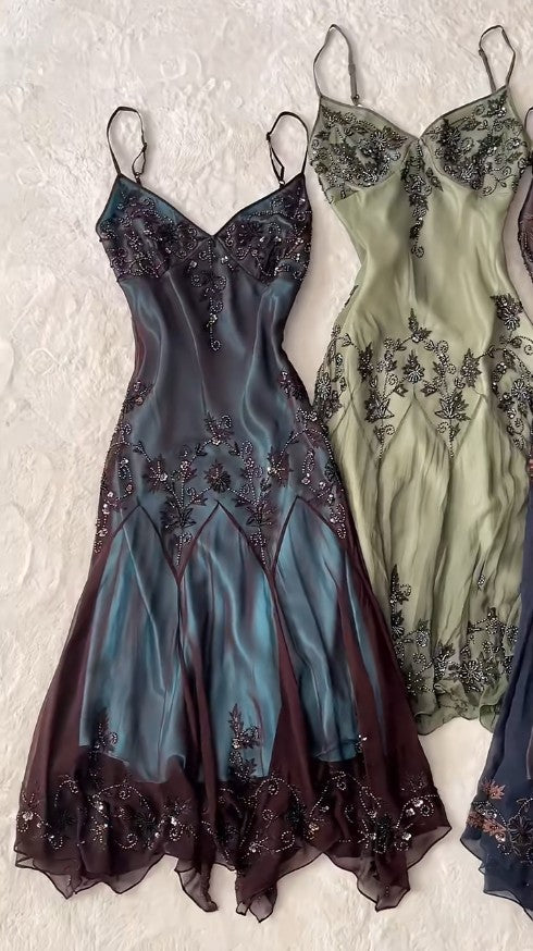 Vintage-Inspired Prom Dresses Under $180??Gothic Spaghetti Straps Blue Satin Chiffon Sheath Evening Dress with Beading HZ1108