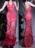 Gorgeous Hot Pink Halter Mermaid Long Prom Dress Vintage Beaded Backless Evening Gown HZ1108