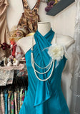 Turquoise A-line Halter Satin Prom Dress Sexy Sleeveless Party Dress HZ1108