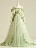 Sweet Light Green A-Line Off Shoulder Neck Tulle Long Prom Dress Birthday Prom Dress HZ1108