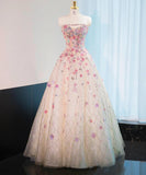 Beautiful Pink Beaded Flowers A-Line Strapless Long Prom Dress Gorgeous Formal Evening Dress HZ1108