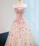 Beautiful Pink Beaded Flowers A-Line Strapless Long Prom Dress Gorgeous Formal Evening Dress HZ1108