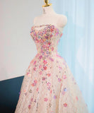 Beautiful Pink Beaded Flowers A-Line Strapless Long Prom Dress Gorgeous Formal Evening Dress HZ1108