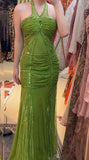 Vintage Green Halter Mermaid Chiffon Beaded Sequin Prom Dress Elegant Formal Evening Dress HZ1108