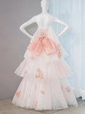 Gentle Pastel Layered A-Line Strapless Tulle Long Prom Dress Cute Applique Birthday Evening Dress HZ1108
