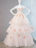 Gentle Pastel Layered A-Line Strapless Tulle Long Prom Dress Cute Applique Birthday Evening Dress HZ1108