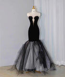 Elegant Black Velvet Mermaid Strapless Beaded Long Prom Dress Tulle Formal Evening Dress HZ1108