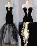 Elegant Black Velvet Mermaid Strapless Beaded Long Prom Dress Tulle Formal Evening Dress HZ1108