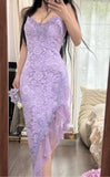 Vintage Purple Sheath Spaghetti Strap Chiffon Applique Prom Dress Gorgeous Party Dress HZ1108