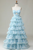?? Enchanted Blue A-Line Evening Gown ¨C Sweet Floral Layered Prom Dress for Special Occasion HZ1108