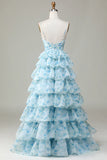 ?? Enchanted Blue A-Line Evening Gown ¨C Sweet Floral Layered Prom Dress for Special Occasion HZ1108