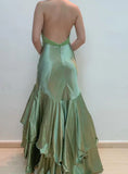 Gorgeous Green V-Neck Beaded Satin Mermaid Backless Evening Gown HZ1108