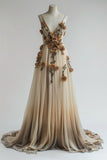 Gradient Champagne V-neck Chiffon A-Line Prom Dress Three-dimensional Rose Simple Wedding Dress HZ1108