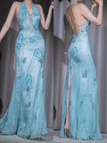 Vintage Blue V-neck Chiffon Mermaid Gown - Glitter Beading & Sequined Backless Evening Dress HZ1108