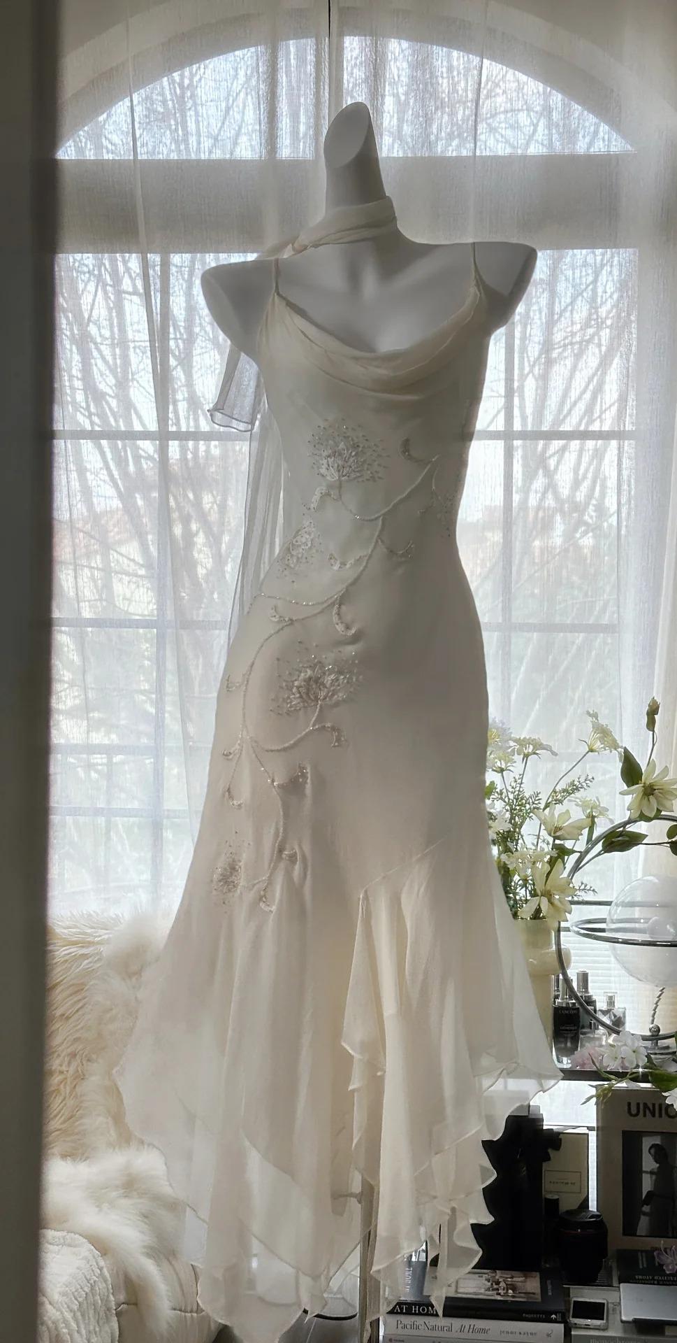 ??Y2K Fairytale White Chiffon Short Prom Dress Vintage Applique Beading Party Dresses HZ1108