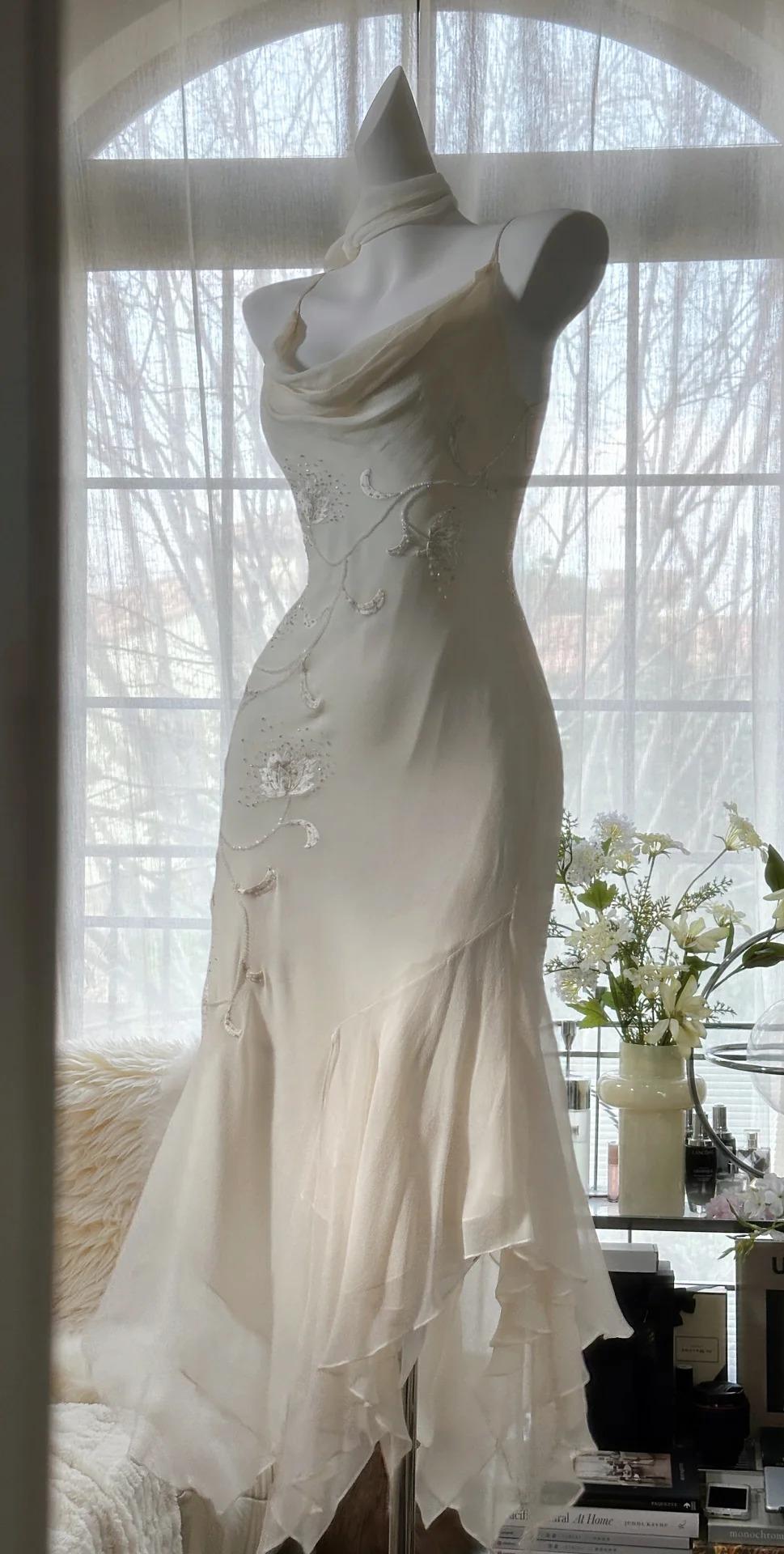 ??Y2K Fairytale White Chiffon Short Prom Dress Vintage Applique Beading Party Dresses HZ1108