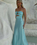 Strapless Sheath Tiffany Blue Prom Dresses Satin Formal Dresses HZ1108
