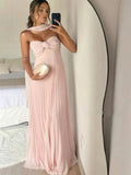 Strapless A Line Pink Long Prom Dress Pleated Formal Party HZ1108