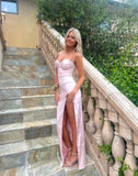 Pink Sweetheart Straps Sheath Satin Long Prom Dress Simple Evening Party Dress Formal Dress With Slit HZ1108