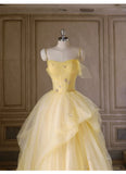 Sweet Yellow Princess Tulle Prom Dress ??A-Line Shinny Beaded Evening Gown for Graduation & Quinceanera & Birthday HZ1108