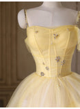 Sweet Yellow Princess Tulle Prom Dress ??A-Line Shinny Beaded Evening Gown for Graduation & Quinceanera & Birthday HZ1108