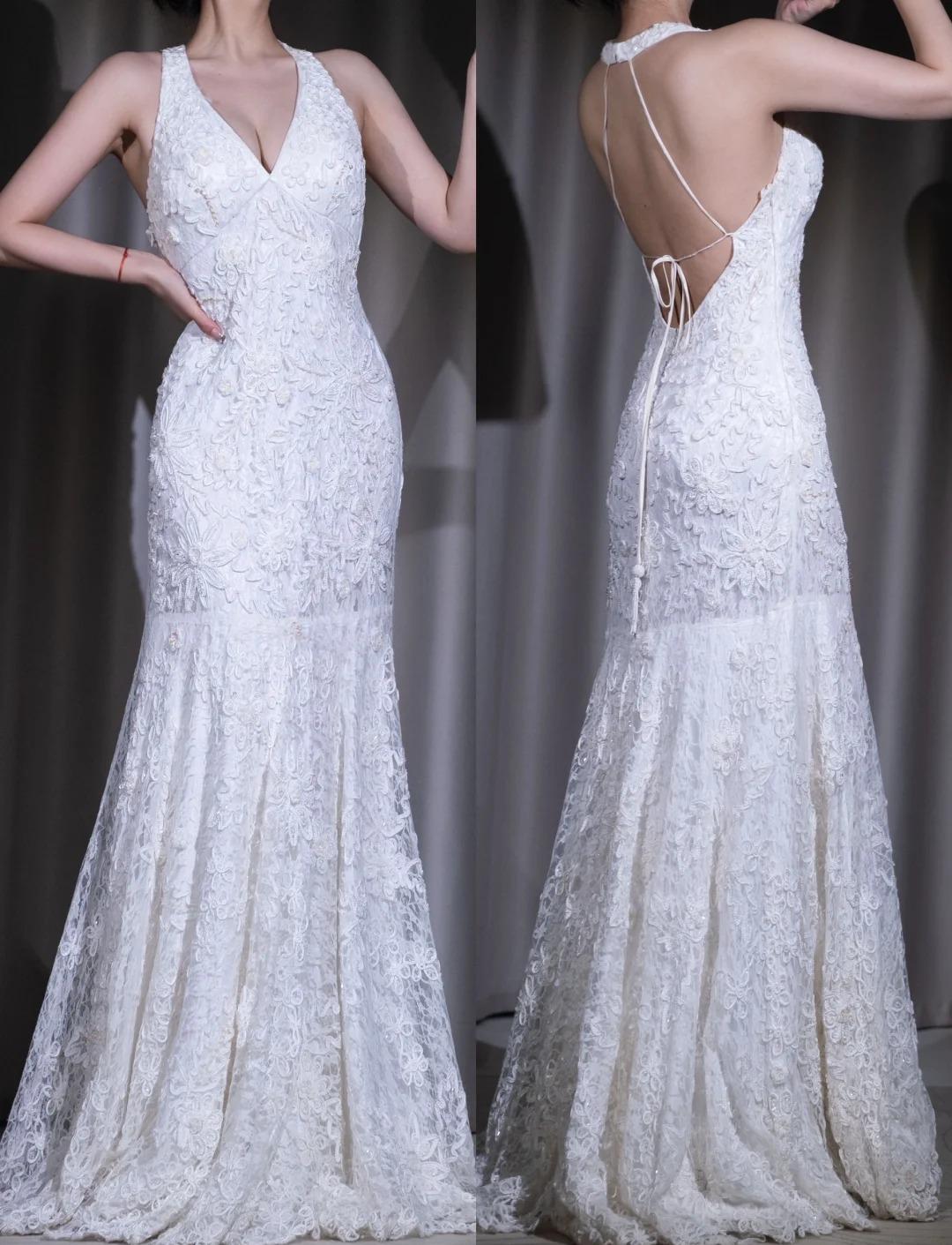 Retro V-neck Lace Mermaid Applique Prom Dress for Party White Elegant Backless Evening Dress HZ1108