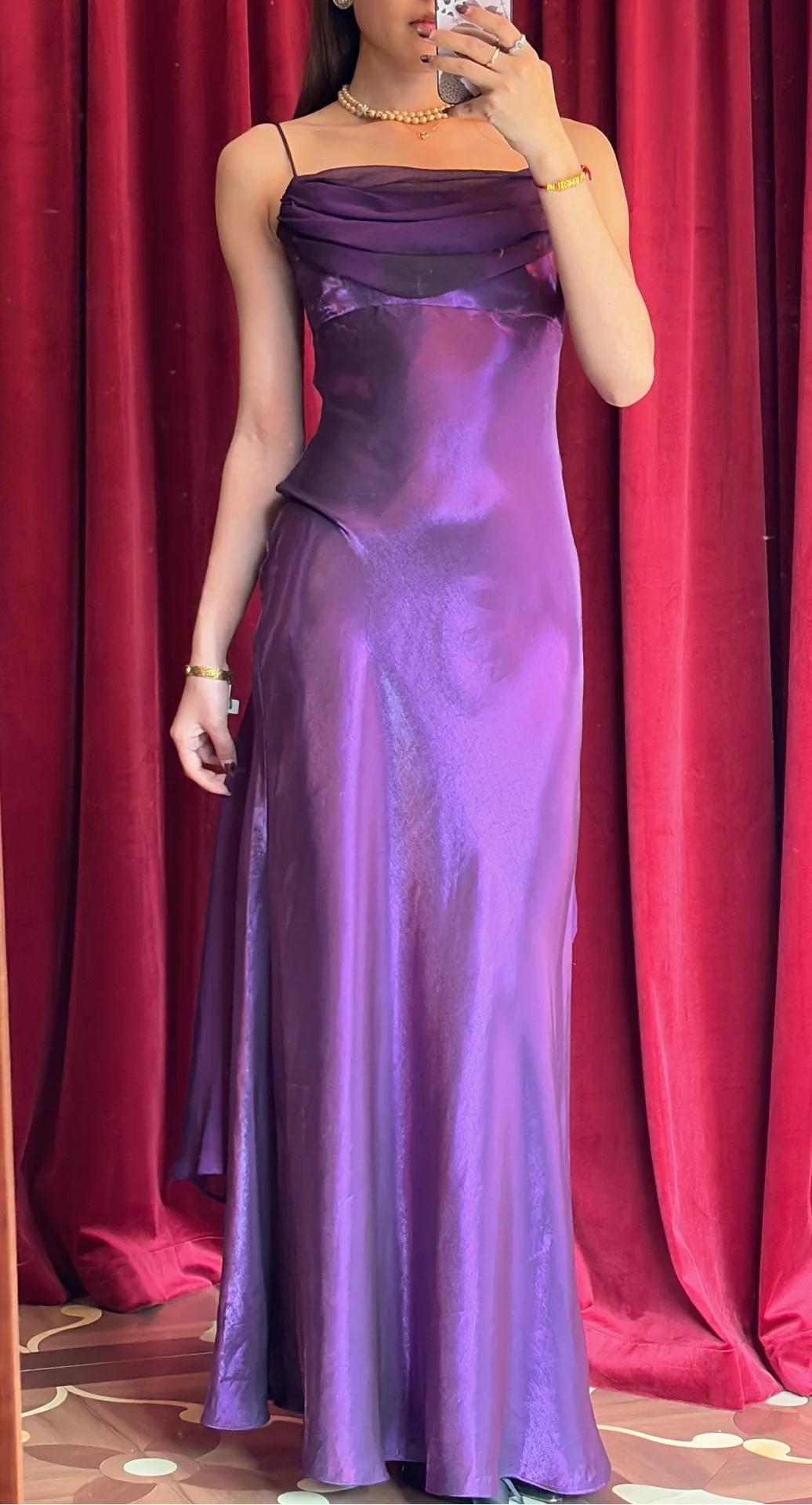 Royal Purple Satin Prom Dress Vintage Glam Evening Gown with Chiffon Ribbon HZ1108