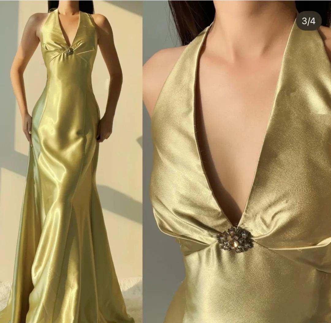 Elegant Yellow Mermaid Satin Prom Dress for Party&Quinceanera Backless Halter Evening Gown HZ1108