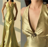 Elegant Yellow Mermaid Satin Prom Dress for Party&Quinceanera Backless Halter Evening Gown HZ1108