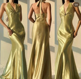 Elegant Yellow Mermaid Satin Prom Dress for Party&Quinceanera Backless Halter Evening Gown HZ1108