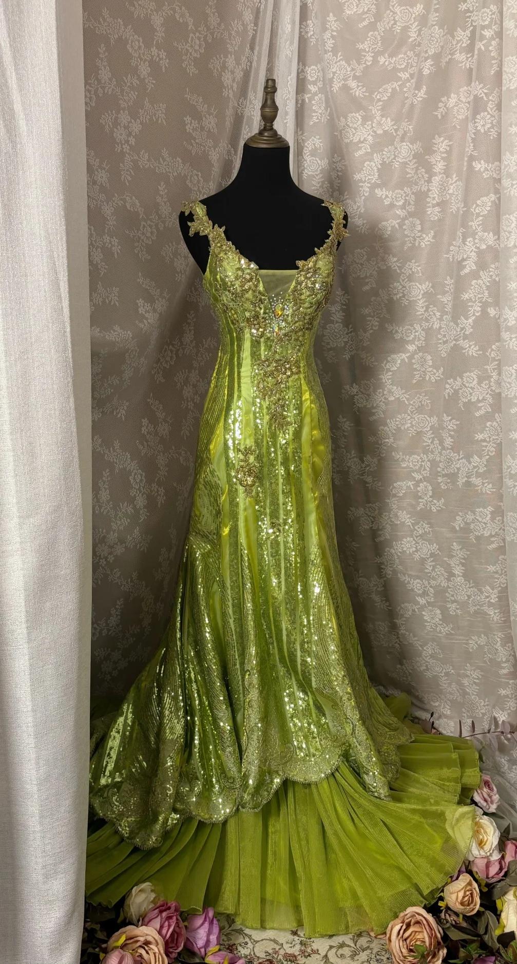 Fairytale Bud Green Mermaid Sequins Beaded Prom Dress Backless Tulle Evening Gown HZ1108
