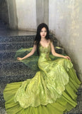 Fairytale Bud Green Mermaid Sequins Beaded Prom Dress Backless Tulle Evening Gown HZ1108