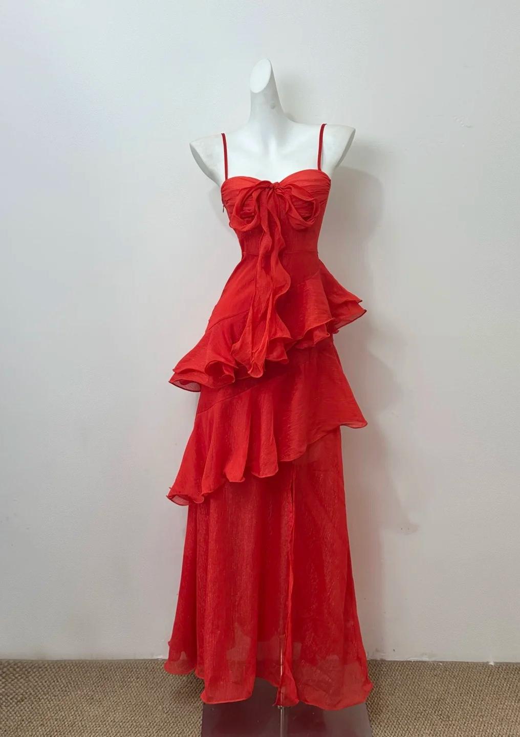 Glam Red A-line Spaghetti Straps Layed Chiffon Prom Dress for Birthday Sweet Evening Gown HZ1108