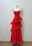 Glam Red A-line Spaghetti Straps Layed Chiffon Prom Dress for Birthday Sweet Evening Gown HZ1108