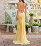Mermaid Deep V Neck Yellow Satin Backless Long Prom Dresses with Slit HZ1108