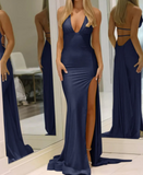 Mermaid Deep V Neck Yellow Satin Backless Long Prom Dresses with Slit HZ1108