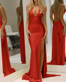 Mermaid Deep V Neck Yellow Satin Backless Long Prom Dresses with Slit HZ1108