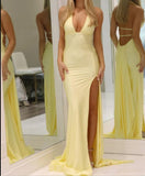 Mermaid Deep V Neck Yellow Satin Backless Long Prom Dresses with Slit HZ1108