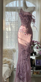 Enchanted Light Purple One Shoulder Bodycon Beading Chiffon Prom Dress Vintage Glitter Evening Gown HZ1108