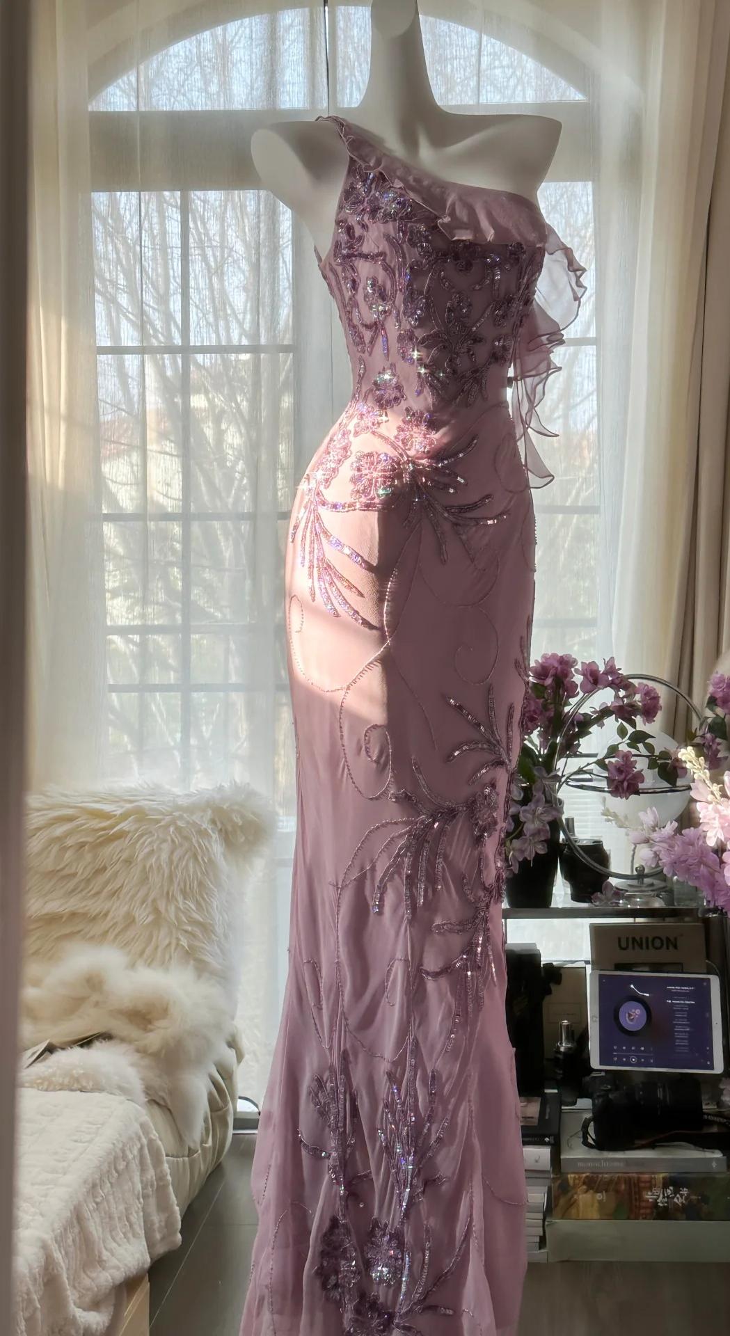 Enchanted Light Purple One Shoulder Bodycon Beading Chiffon Prom Dress Vintage Glitter Evening Gown HZ1108