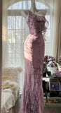 Enchanted Light Purple One Shoulder Bodycon Beading Chiffon Prom Dress Vintage Glitter Evening Gown HZ1108