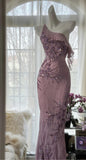 Enchanted Light Purple One Shoulder Bodycon Beading Chiffon Prom Dress Vintage Glitter Evening Gown HZ1108