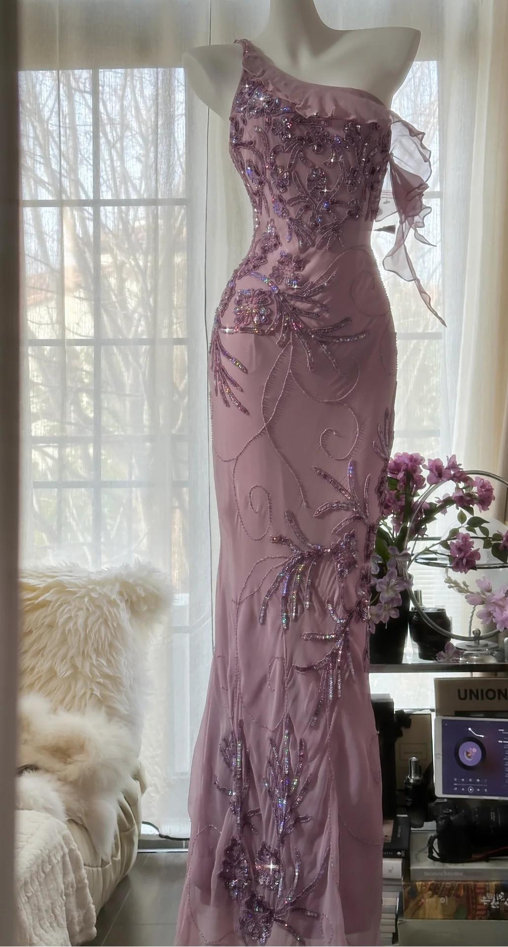 Enchanted Light Purple One Shoulder Bodycon Beading Chiffon Prom Dress Vintage Glitter Evening Gown HZ1108