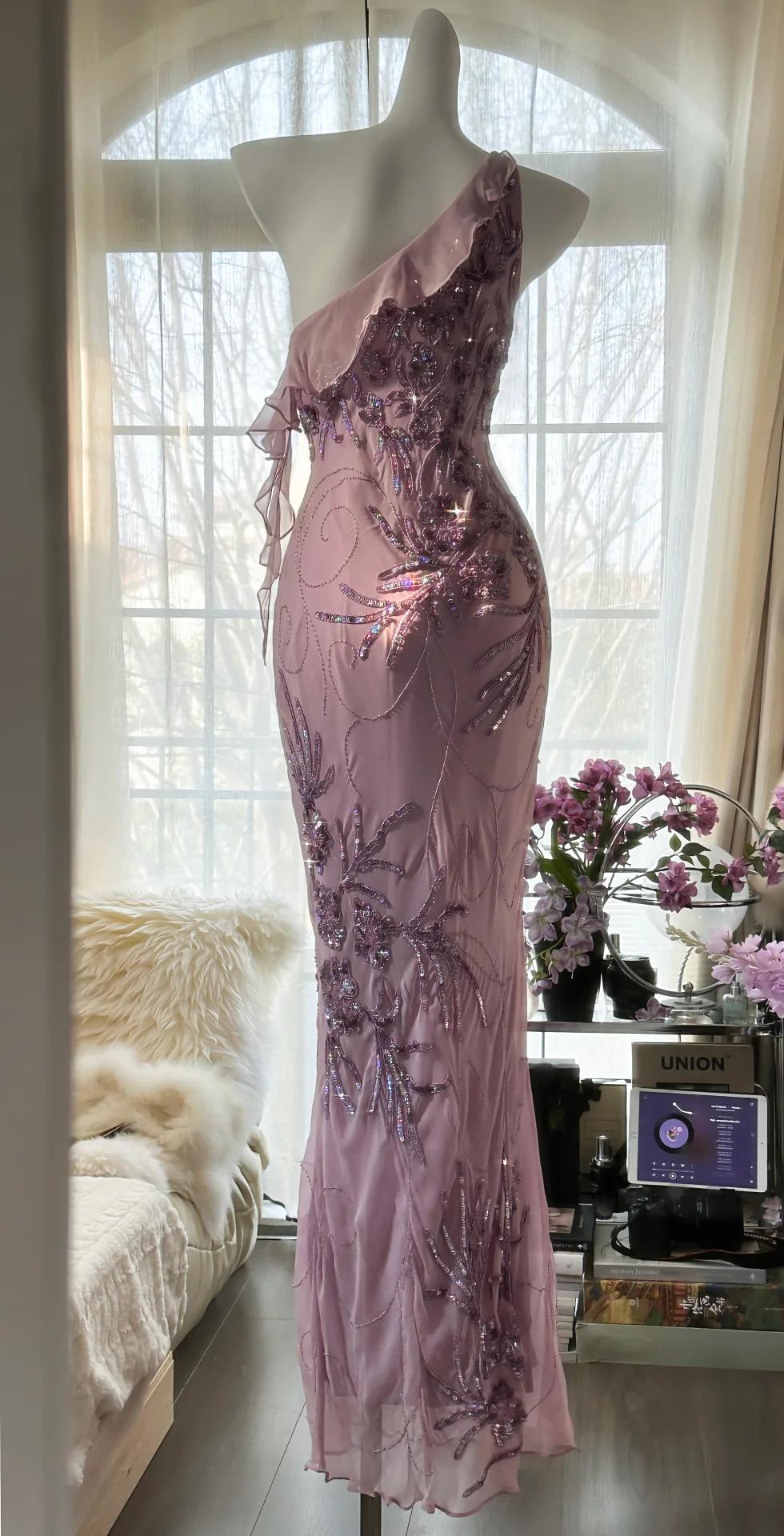 Enchanted Light Purple One Shoulder Bodycon Beading Chiffon Prom Dress Vintage Glitter Evening Gown HZ1108