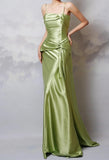 Sexy Y2k Green Sheath Spaghetti Strap Satin Prom Dress Elegant Evening Gown for Birthday HZ1108