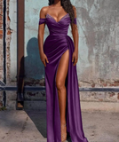 Elegant Beaded Mermaid Satin Off Shoulder Long Prom Dress Evening Gown with Slit HZ1108