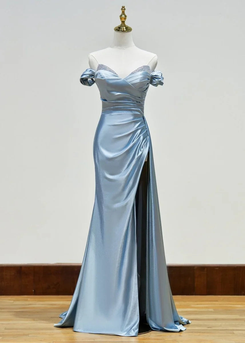 Elegant Beaded Mermaid Satin Off Shoulder Long Prom Dress Evening Gown with Slit HZ1108