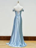 Elegant Beaded Mermaid Satin Off Shoulder Long Prom Dress Evening Gown with Slit HZ1108