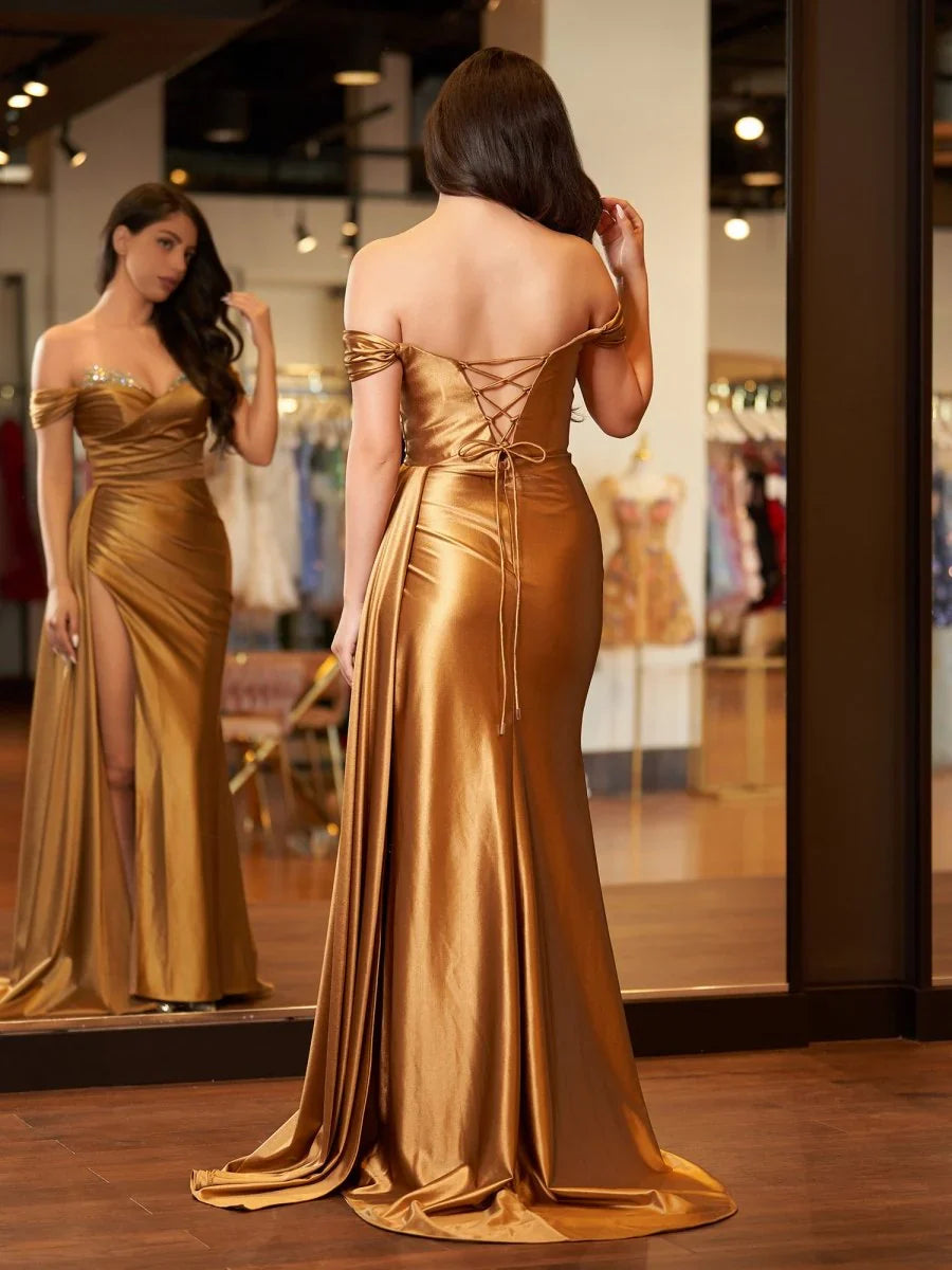 Elegant Beaded Mermaid Satin Off Shoulder Long Prom Dress Evening Gown with Slit HZ1108